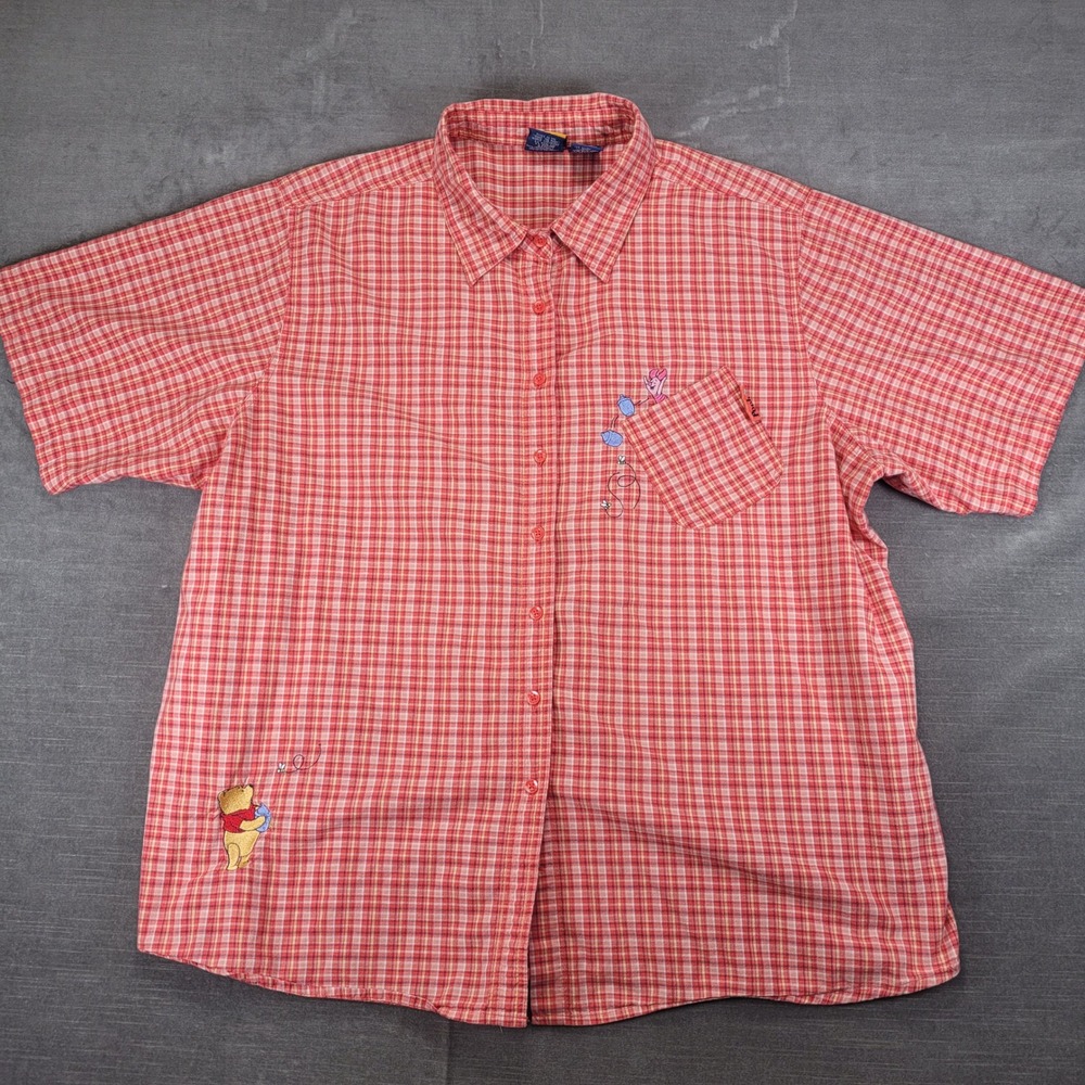 Disney Pooh Woman Red Plaid Gingham Short Sleeve Button Up Shirt 26W 28W